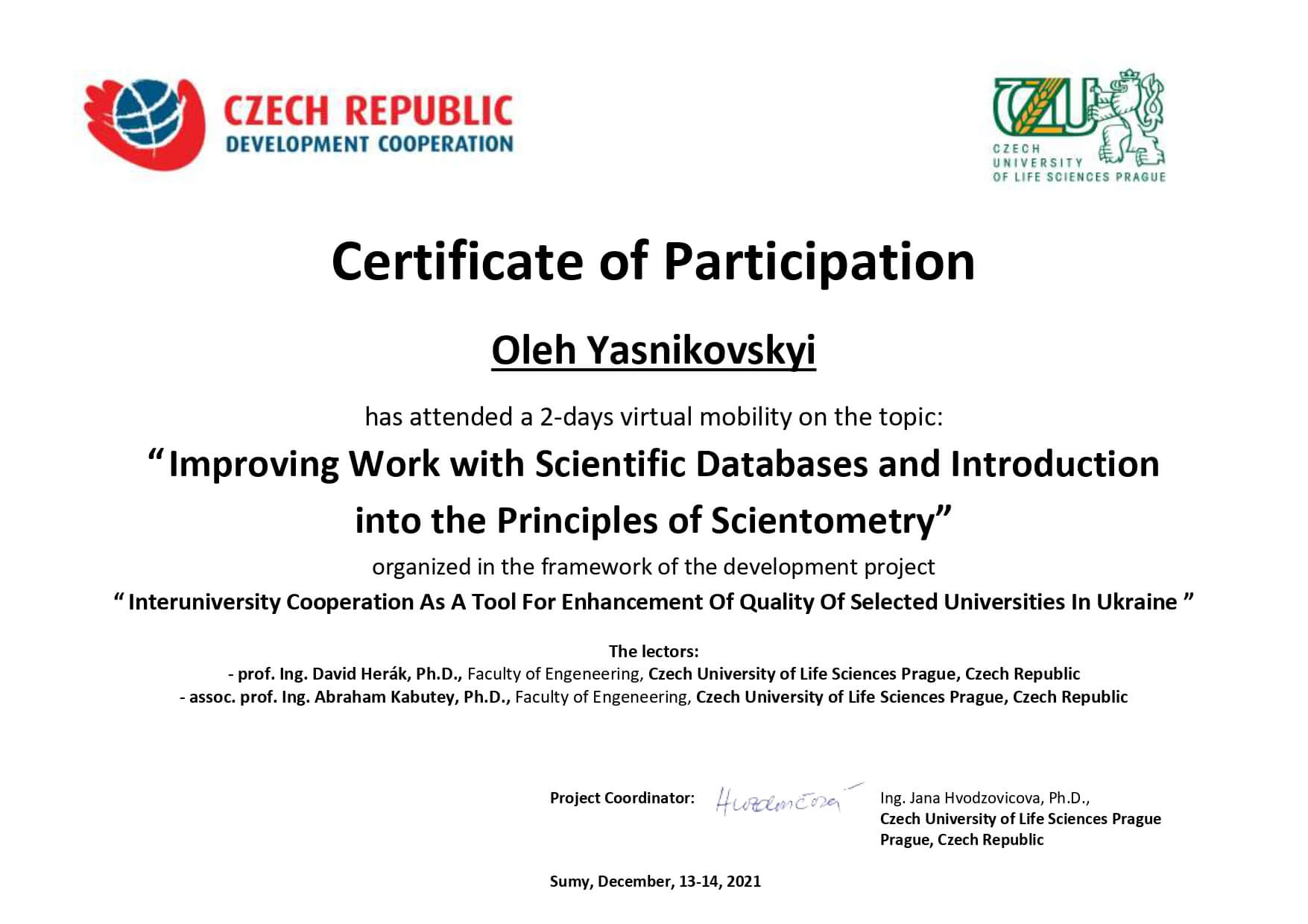 Participation in the virtual mobility of Oleg Yasnikovsky